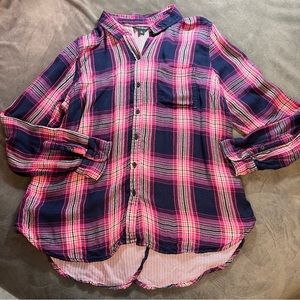 Women’s Lucky Brand Plaid Flannel Shirt in Pink Blue sz L buttery soft